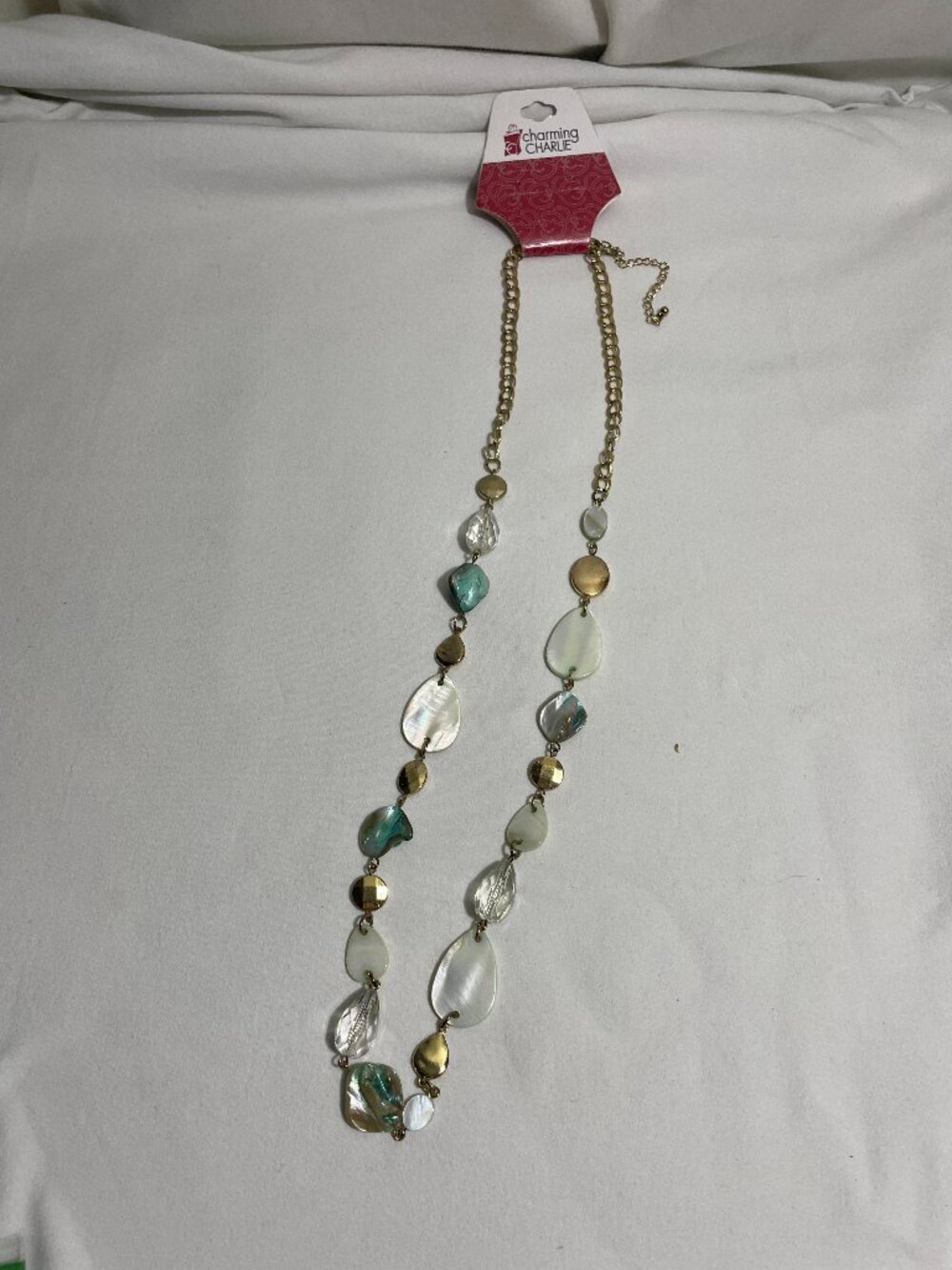Charming Charlie Gold Tone Green Iridescent Beaded Long Statement Necklace